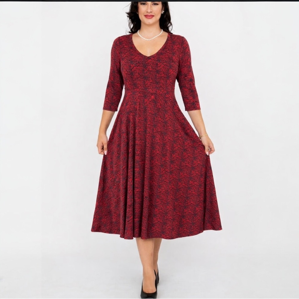 Blue Sky Soul Dress Bamboo Midi Dress Red Floral Empire Waist Size S